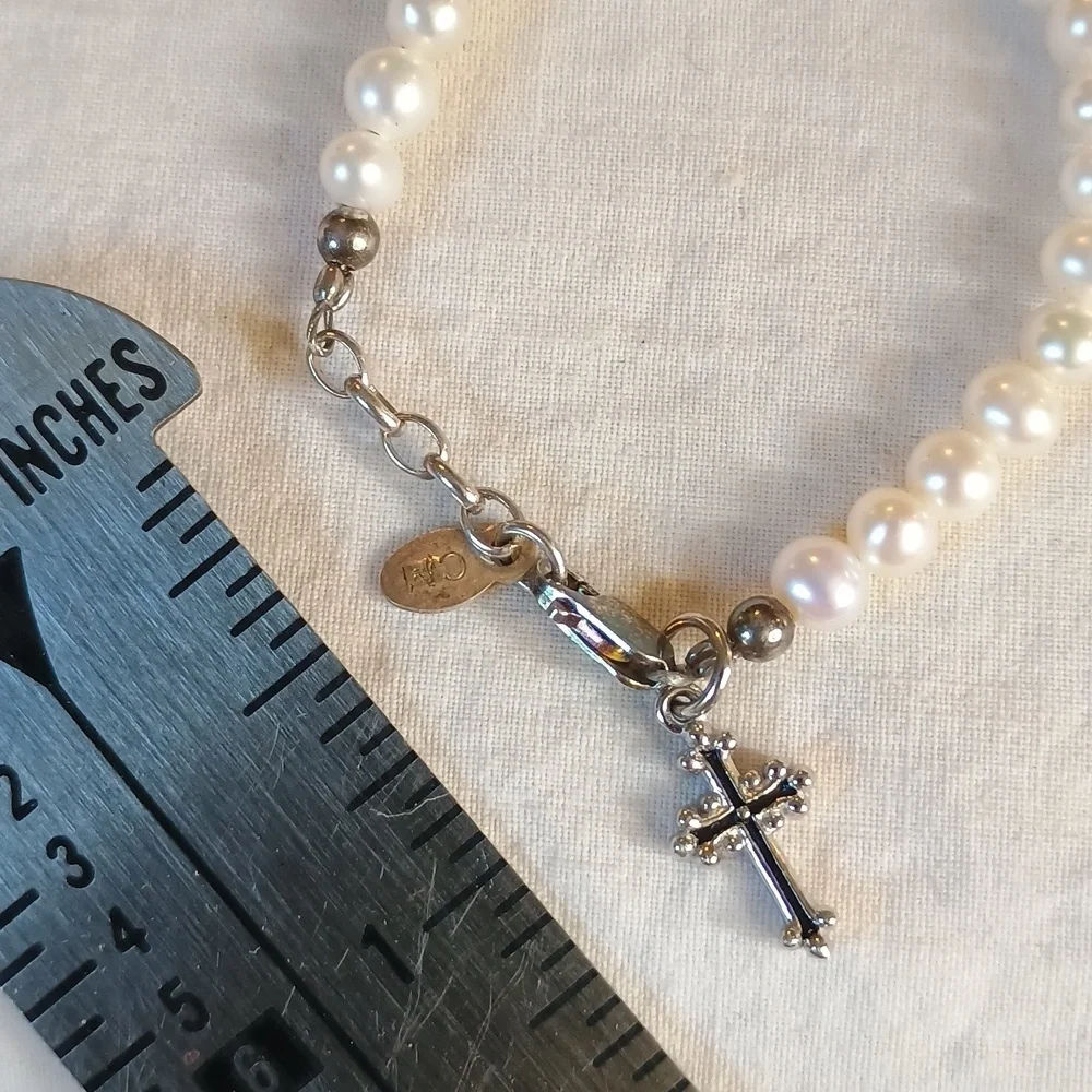 Baby Pearl And Sterling Silver Baby Bracelet With Cross Charm